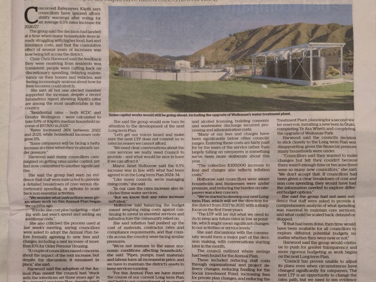 Councillors Commit Kapiti Community to Rates Increases of 30.4%  in 3&nbsp;years