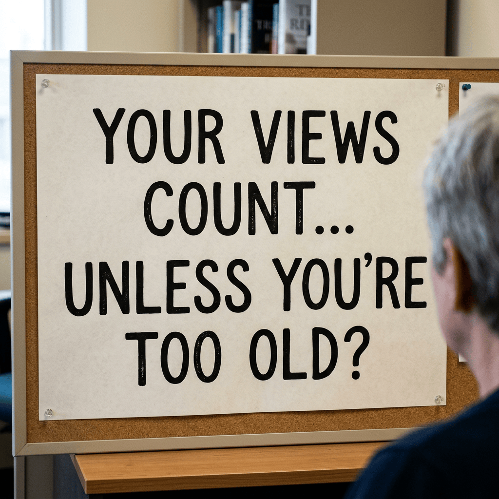 Bulletin board sign reading “YOUR VIEWS COUNT... UNLESS YOU’RE TOO OLD?”