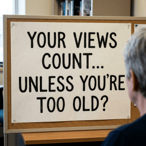 Bulletin board sign reading “YOUR VIEWS COUNT... UNLESS YOU’RE TOO OLD?”